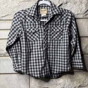 Wrangler Shirt Womens Med Black White Gray Plaid Long Sleeve Pearl Snap Western